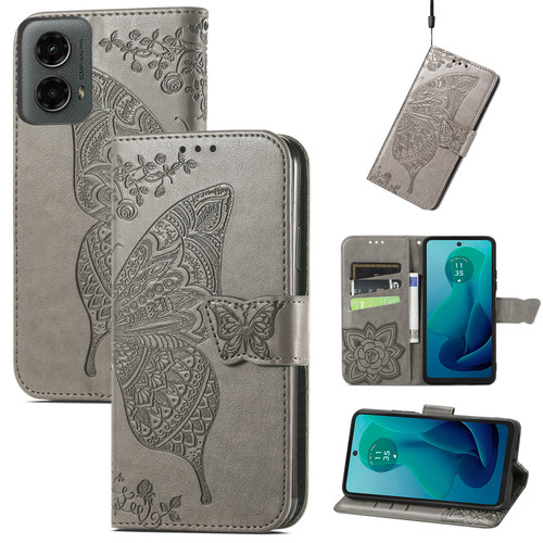 Moto G 5G 2024 Butterfly Love Flower Embossed Leather Phone Case - Gray